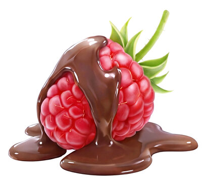 Juicy raspberry covered in melted dark chocolate sauce. Fresh berry dessert isolated on white background.