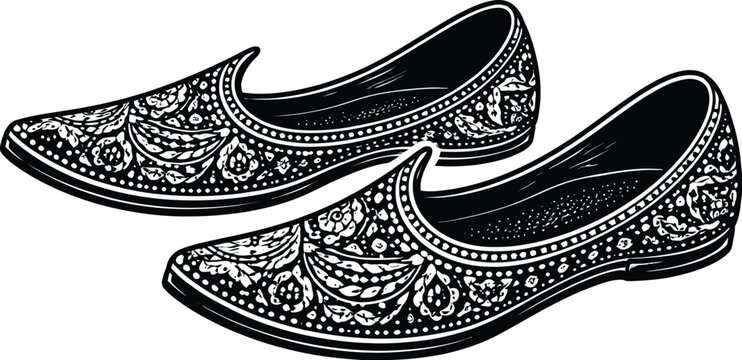 Intricately designed black and white illustration of traditional ornate Indian jutti footwear pair