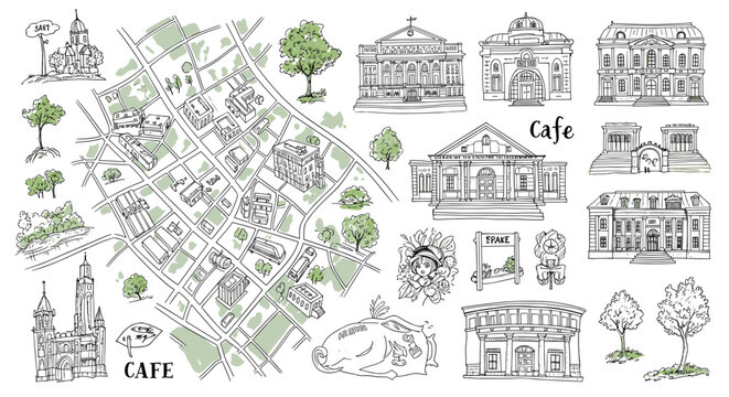 A detailed vector illustration of a town map with various buildings and landmarks