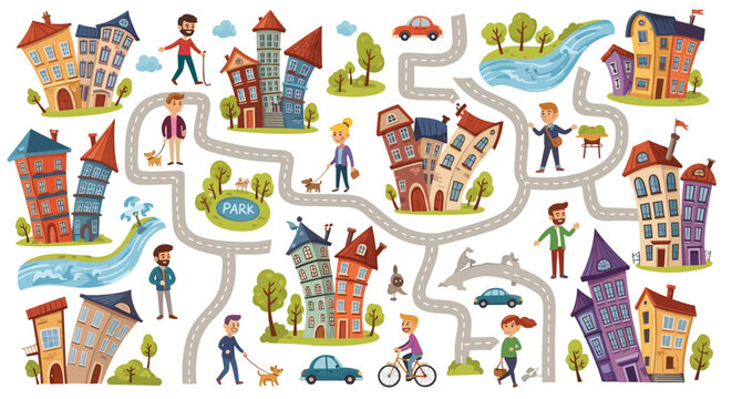 A colorful vector illustration of a town map with people and buildings