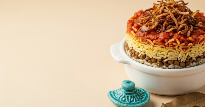 Traditional Koshari with Crispy Onions and Tomato Sauce on Warm Beige Copy Space