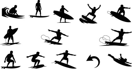 Black silhouettes of surfers and surfing actions collection isolated on white background showing wave riding, tricks, balance, and ocean sport movement for beach lifestyle design