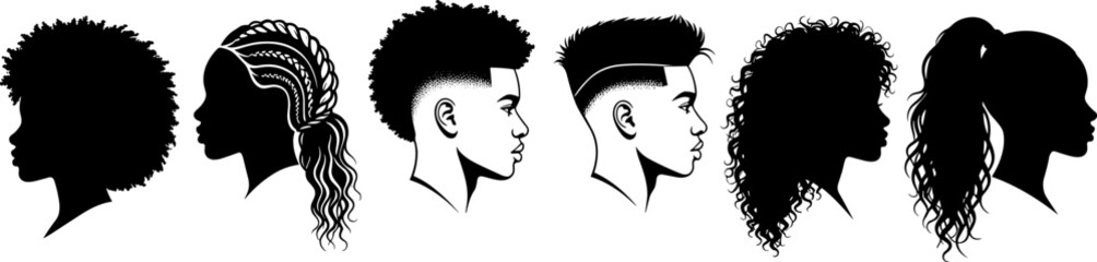 Black women hairstyle silhouettes collection featuring afro braids fades curls and ponytails, diverse female profile portraits isolated on white background for beauty fashion design