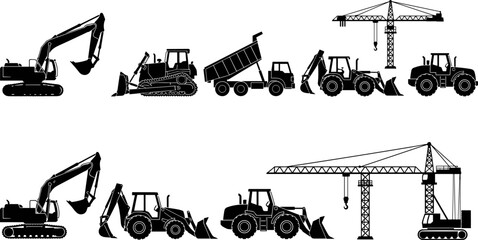 Construction machinery silhouette set showing excavators, bulldozers, dump trucks and cranes, heavy equipment vector isolated on white © Goutom