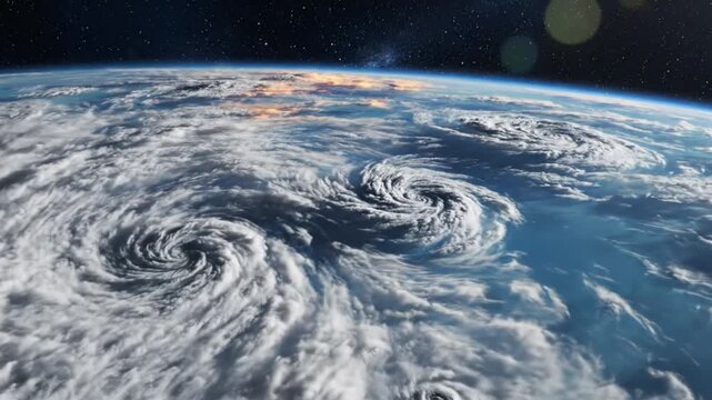 Satellite view of Earth with swirling cyclones and clouds over the ocean