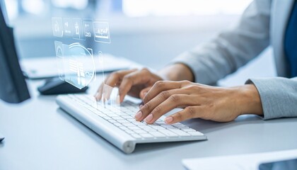 Cybersecurity Professional Working at Computer with Data Protection Interface