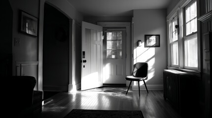 Calm Morning Light Entering Room with Open Door and Empty Chair in Black and White