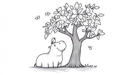 Cute hippo under tree, whimsical, children's book illustration
