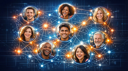 Fototapeta premium Portraits of multiethnic individuals linked by glowing lines on digital background. Social networking and global communication interface for community connection.