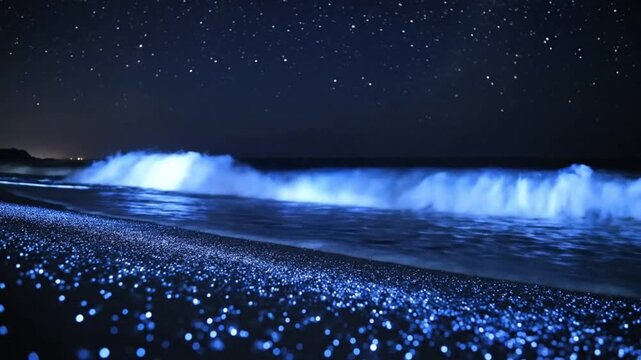 A serene nighttime beach scene with glowing blue waves and bioluminescent organisms under a starry sky