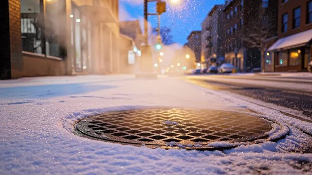 Snowy urban street with steam rising from manhole in evening.