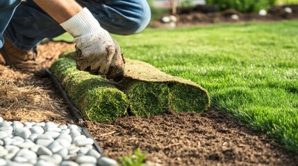 Gardener laying sod rolls on a sunny day.