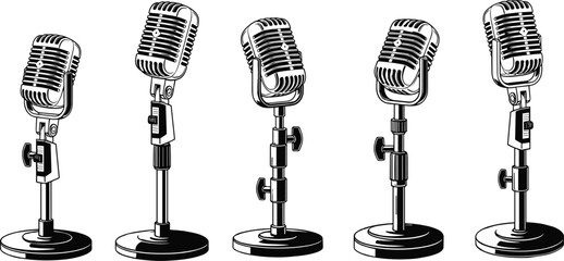 Vintage retro microphone set on stands classic studio radio broadcast audio recording music podcast silhouette vector illustration collection © MdTajemul