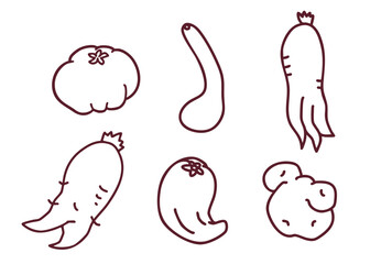規格外の野菜の手描きモノクロアイコンセット
