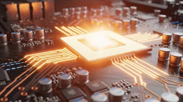 A close-up view of a glowing microchip on a circuit board with wires and components
