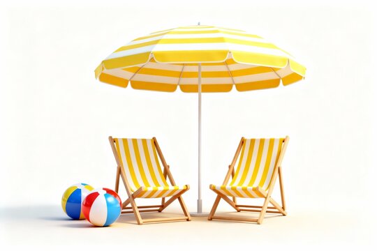 Beach chairs under striped umbrella