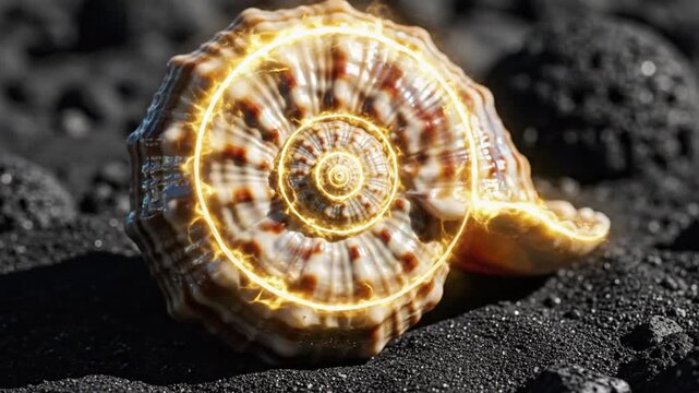A seashell glows with a soft, golden light on a dark, rocky surface, viewed closely from the side as it emits a warm, ethereal glow.