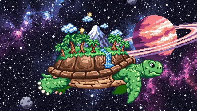 A cartoon turtle floating in space with a tropical island on its shell.