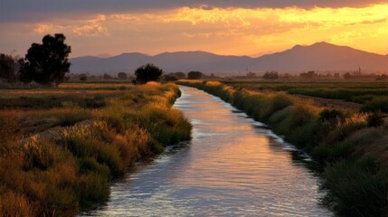 Serene Water Canal Flowing Through Farmland at Sunset with Mountains in Background