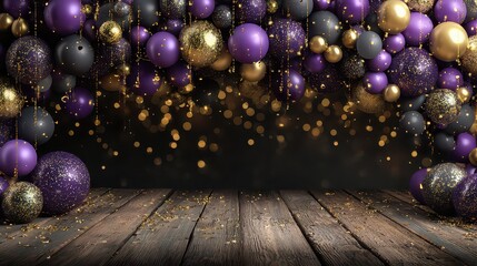 Festive Background with Black and Purple Balloons Golden Glitter on Dark Wood Surface and Bokeh Lights for Celebratory Occasion