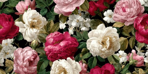 Floral Garden Seamless Pattern with Pink White and Red Roses on Dark Background for Elegant Designs and Romantic Themes in Delicate Pastel Tones