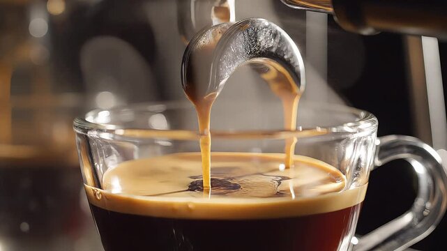 Macro shot of rich, golden espresso pouring from a coffee machine spigot into a transparent glass cup, creating a perfect layer of crema. High-quality morning brew preparation.