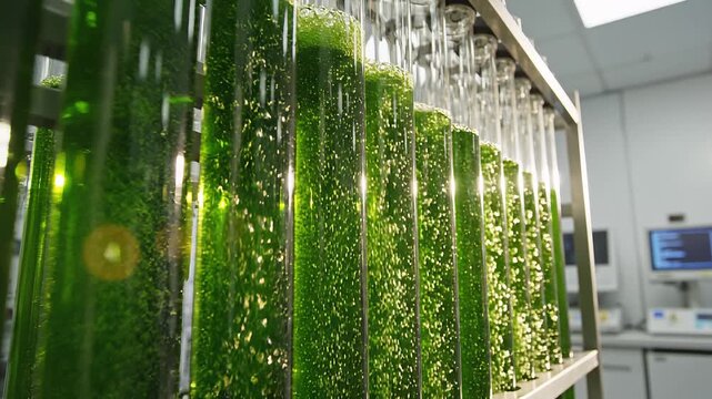 Close-up of green microalgae biomass cultivation in laboratory photobioreactors, used for scientific research into sustainable biofuel, supplements, and biotechnology.