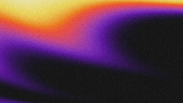 A vibrant, grainy abstract background featuring a smooth gradient of vivid purple, warm orange, bright yellow, and deep black, layered with analog film noise.