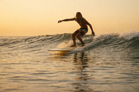 Surfista pegando onda ao p&ocirc;r do sol no mar