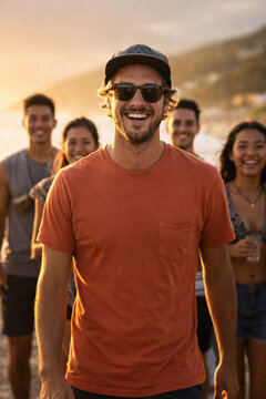 Grupo de amigos sorrindo na praia ao p&ocirc;r do sol com clima de ver&atilde;o e amizade