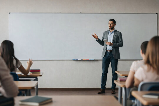 Professor explicando conte&uacute;do em sala de aula com alunos atentos