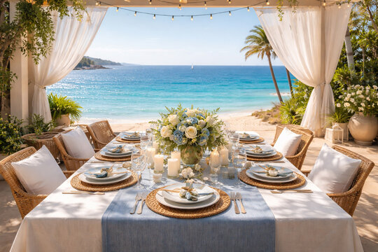 Mesa posta elegante em varanda &agrave; beira-mar com cortinas brancas e vista para o oceano turquesa