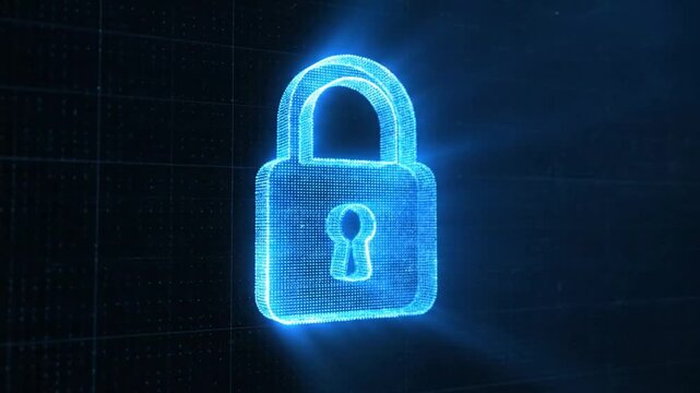 Neon blue padlock on dark background symbolizing security and protection.