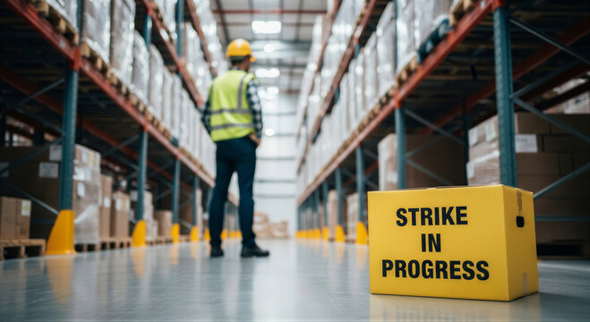 Warehouse worker observing strike in progress sign in large distribution center