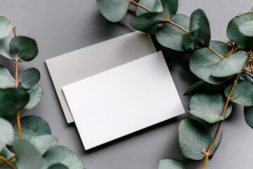Minimalist White Card Mockup Surrounded by Green Eucalyptus Leaves on a Textured Gray Background in Soft Natural Lighting