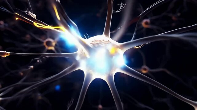 Glowing neural network synapses firing. Artificial intelligence brain concept background.