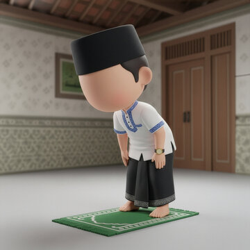 A 3D chibi character of a Muslim man wearing a peci and sarong performing the Ruku position during prayer on a green prayer mat