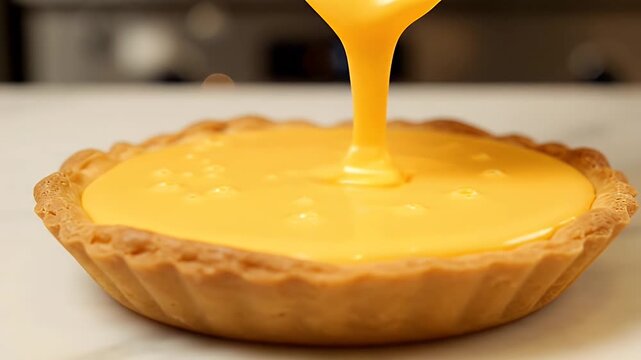 A bright yellow custard is poured into a golden-brown tart shell, ready for baking