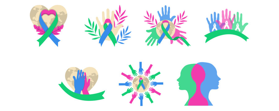 Set of rare disease day illustration with earth globe, awareness ribbon, and supporting hands. Vector isolated.