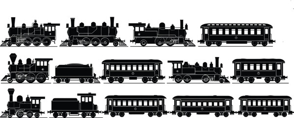 Vintage steam train locomotive silhouettes set with railway engines passenger wagons freight cars retro transport vector illustration collection © Rayhan