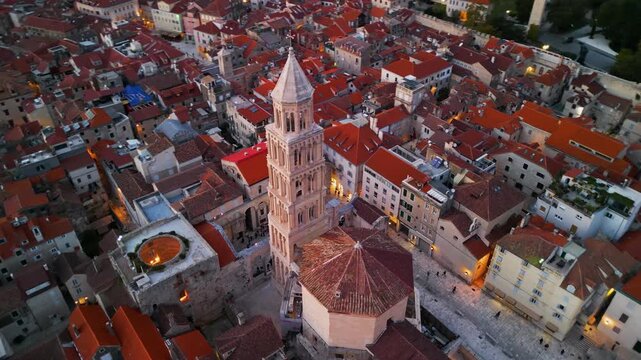 Epic aerial panorama of Split Old Town and Diocletian's Palace , UNESCO heritage site on the Adriatic coast, Croatia, 4K drone footage
