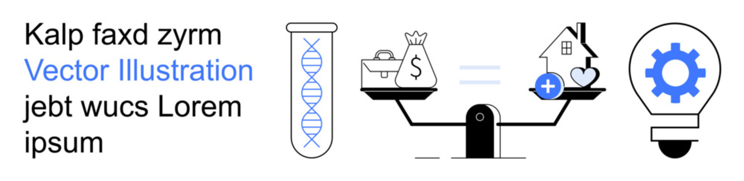 Business strategy, healthcare innovation, financial planning, decision-making, technology development, medical balance. Test tube, balance scale house and cogwheel lightbulb. Business strategy