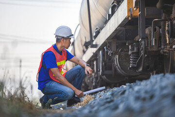 Railway technician inspecting train undercarriage during maintenance check, Worker performing safety inspection on rail tanker car, Engineer examining train components at railway maintenance site