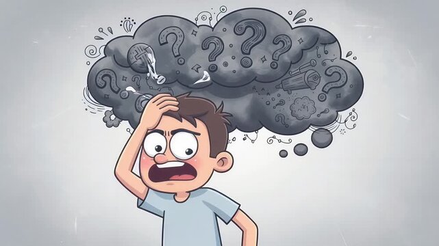 Confused Young Boy with Question Marks in Thought Cloud Illustrates Mental Struggle and Uncertainty.
