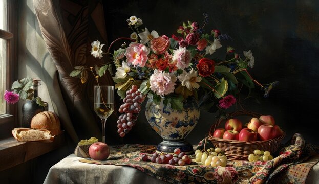 Flower bouquet and fruits on table, dark room, window in background. Food photo