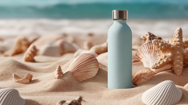 Blue water bottle mockup on sandy beach with starfish and large seashells