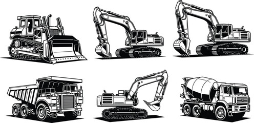 Black and white construction heavy equipment set bulldozer excavators dump truck cement mixer vector illustration isolated industrial machinery collection detailed © Afsana Creatives