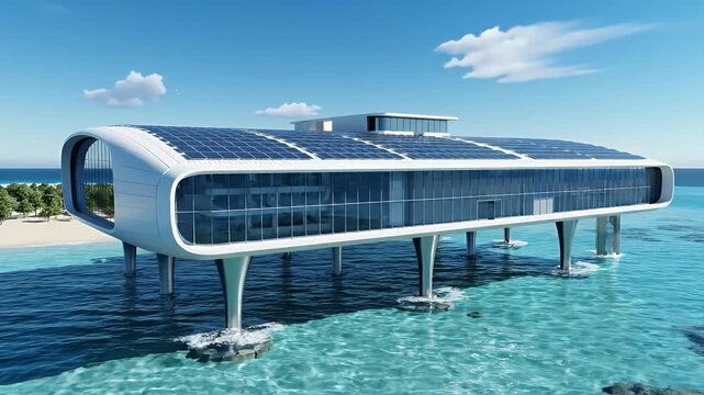 Futuristic white building on stilts with solar panels over turquoise water