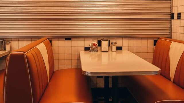 Empty retro diner booth with orange and white seating and a table set with condiments evoking a nostalgic atmosphere.