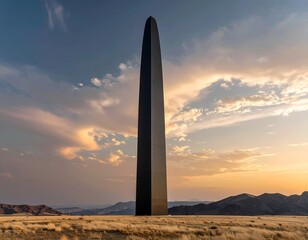 Tall black structure rises from a barren landscape at sunset